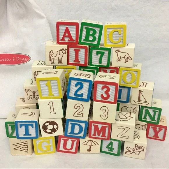 (SOLD)Melissa & Doug Building Blocks 60 Solid Wood Cubes With Storage Bag 123 - Picture 2 of 8